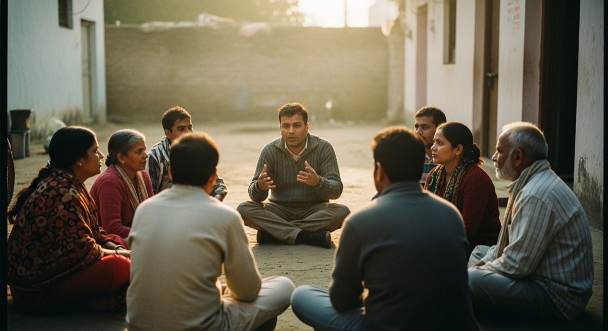 Ordinary people sitting together in a circle, in discussion.