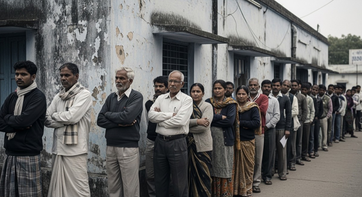 Ordinary people waiting in a long line outside a worn government office.